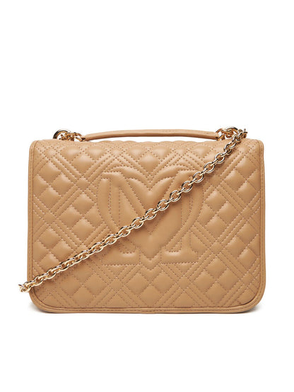 Camel Quilted Shoulder Bag with Chain Detail