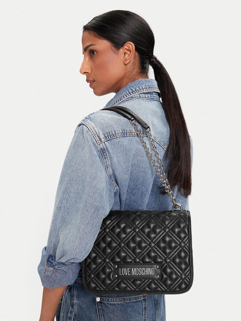 Black Quilted Shoulder Bag with Chain Strap