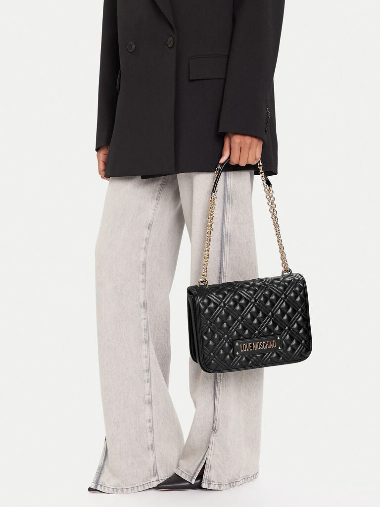 Black Quilted Crossbody Bag with Chain Detail