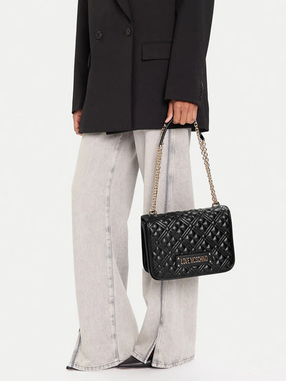 Black Quilted Crossbody Bag with Chain Detail