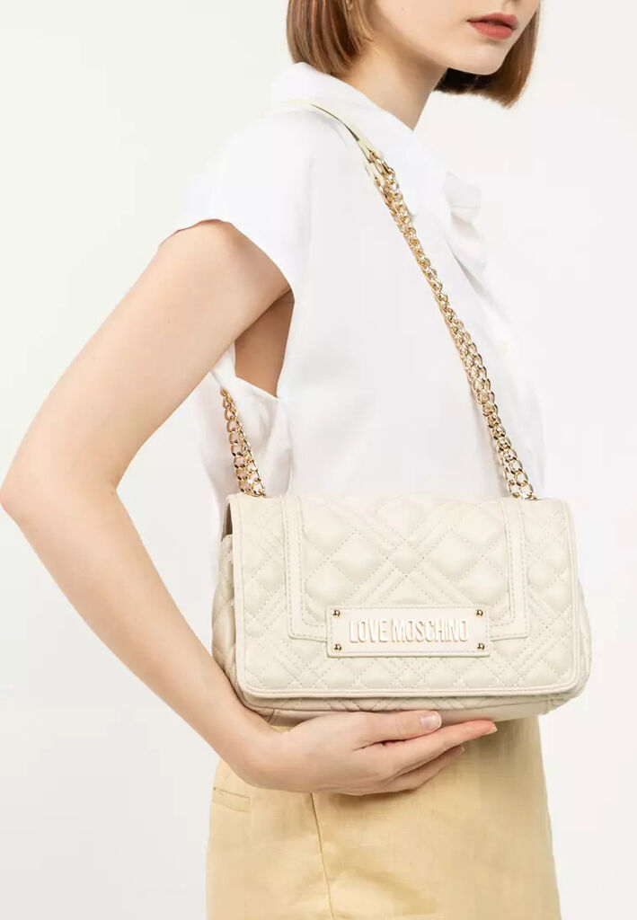 Ivory Quilted Shoulder Bag with Chain Strap
