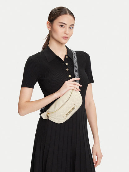 Cream Quilted Belt Bag with Gold Accents