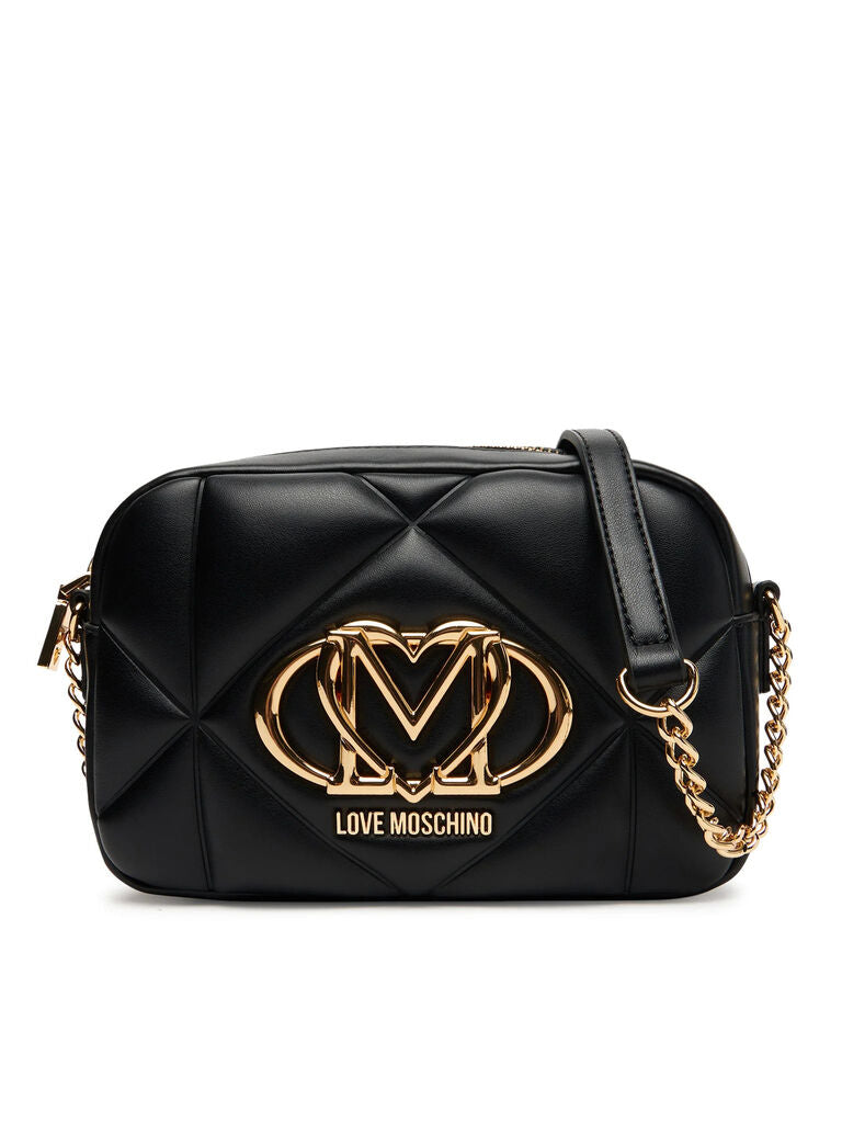 Black Quilted Crossbody Bag with Gold Logo Accent