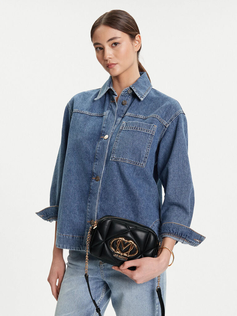 Black Quilted Crossbody Bag with Gold Logo Accent