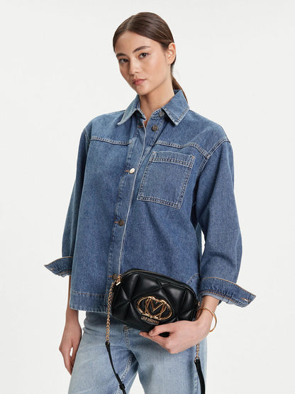 Black Quilted Crossbody Bag with Gold Logo Accent