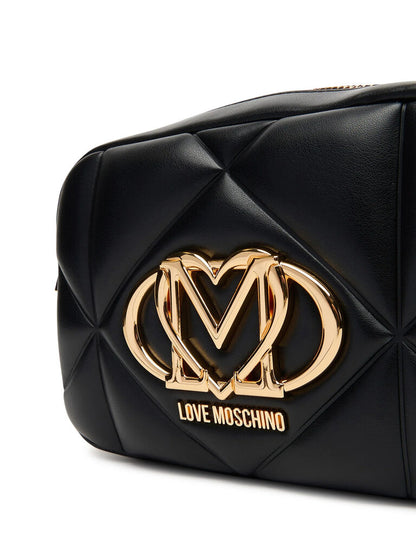 Black Quilted Crossbody Bag with Gold Logo Accent