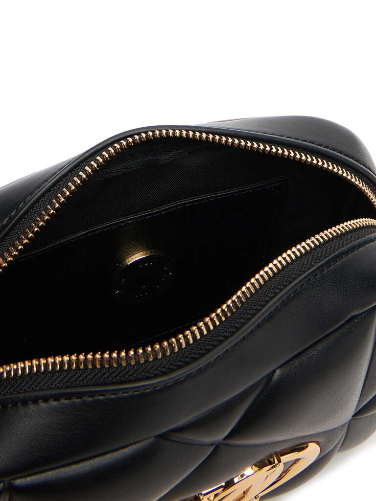 Black Quilted Crossbody Bag with Gold Logo Accent