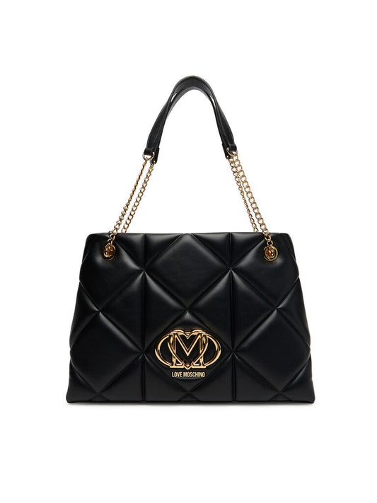 Black Quilted Leather Tote with Gold Chain