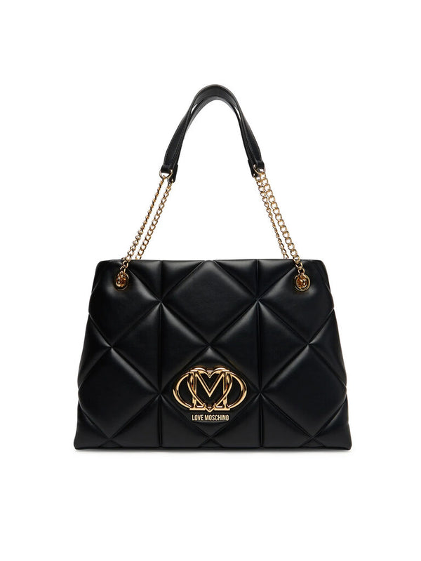 Black Quilted Leather Tote with Gold Chain