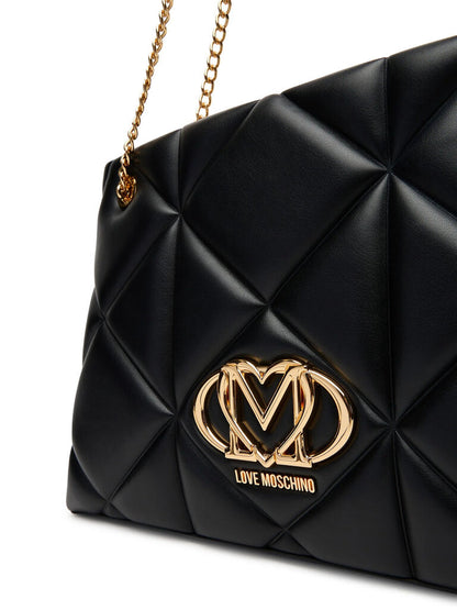 Black Quilted Leather Tote with Gold Chain