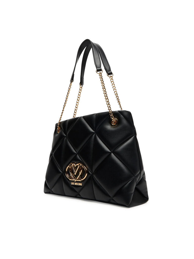 Black Quilted Leather Tote with Gold Chain