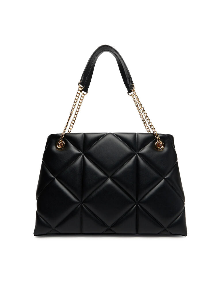Black Quilted Leather Tote with Gold Chain