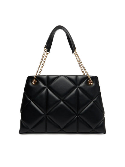 Black Quilted Leather Tote with Gold Chain