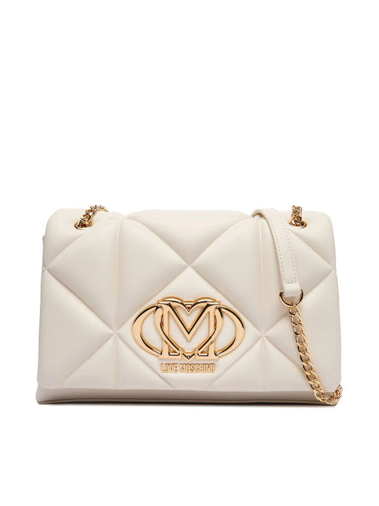 Cream Quilted Handbag with Gold Chain Accent