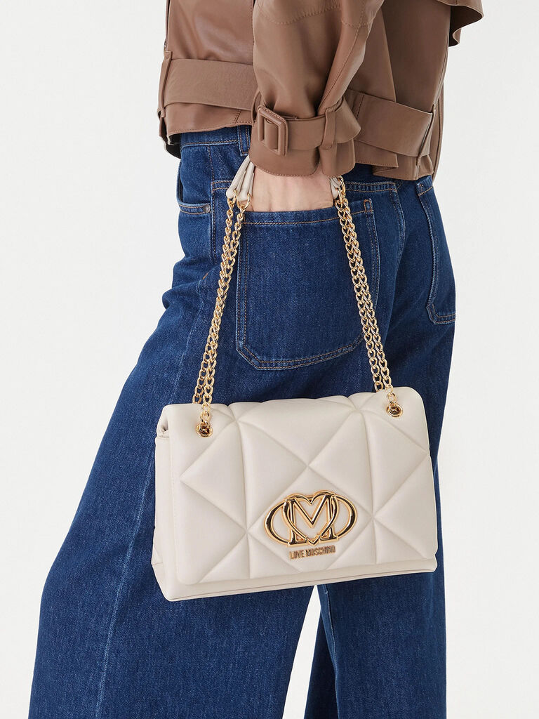 Cream Quilted Handbag with Gold Chain Accent