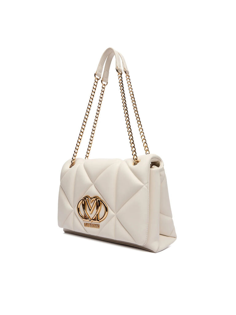 Cream Quilted Handbag with Gold Chain Accent