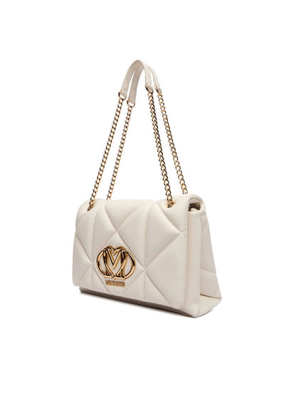 Cream Quilted Handbag with Gold Chain Accent