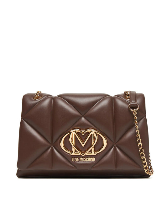 Brown Quilted Faux Leather Shoulder Bag with Gold Accents
