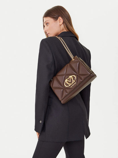 Brown Quilted Faux Leather Shoulder Bag with Gold Accents