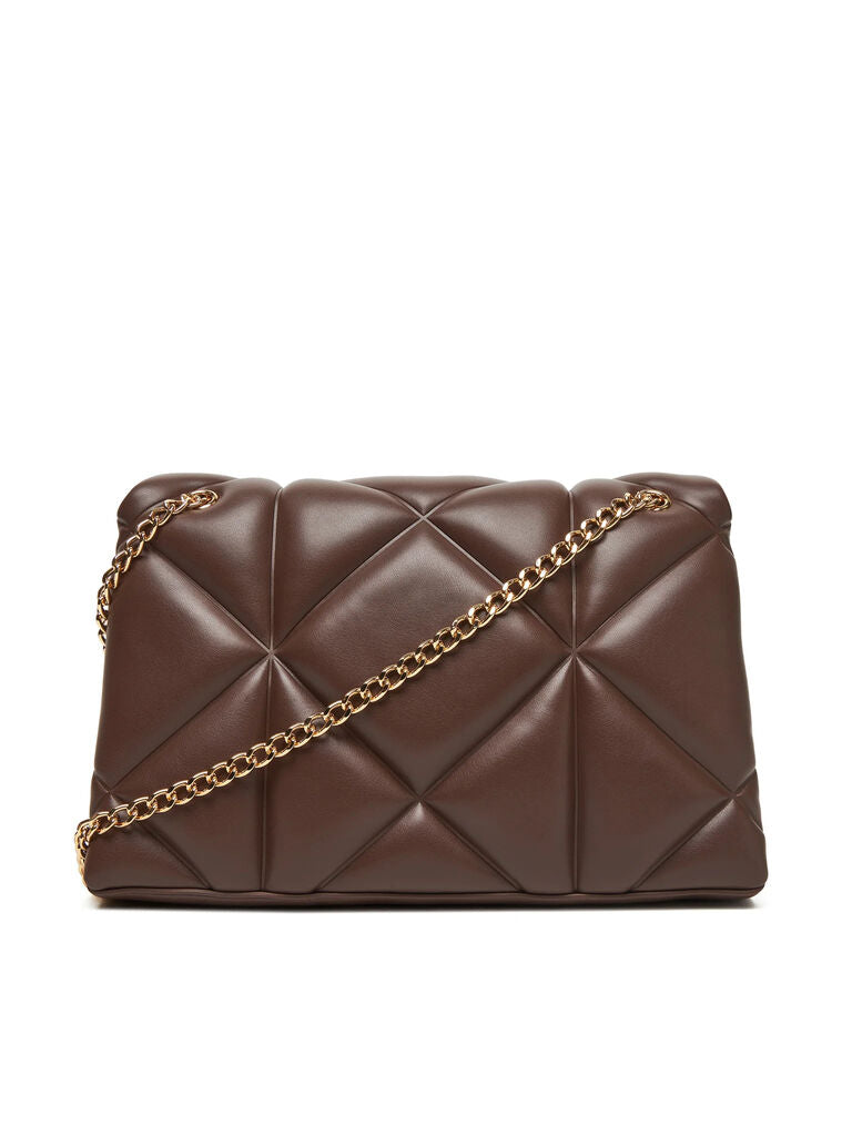 Brown Quilted Faux Leather Shoulder Bag with Gold Accents