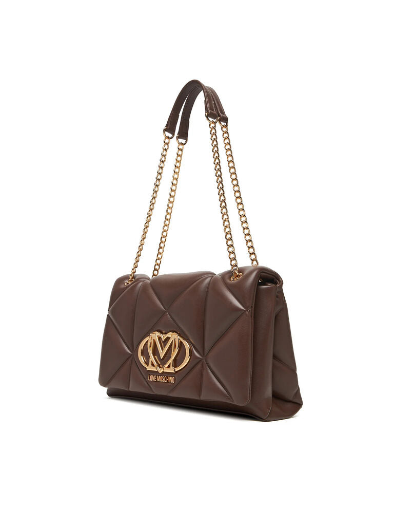 Brown Quilted Faux Leather Shoulder Bag with Gold Accents