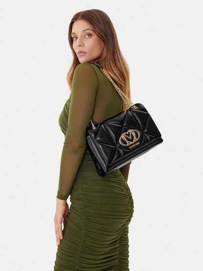 Black Quilted Shoulder Bag with Gold Chain