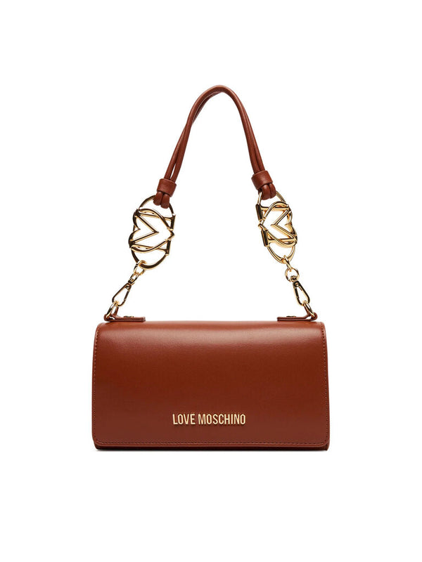 Brown Structured Leather Shoulder Bag with Gold Accents