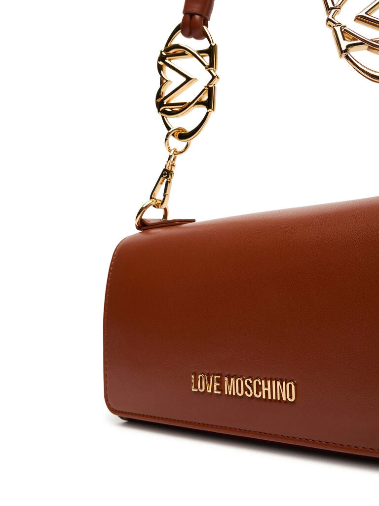 Brown Structured Leather Shoulder Bag with Gold Accents