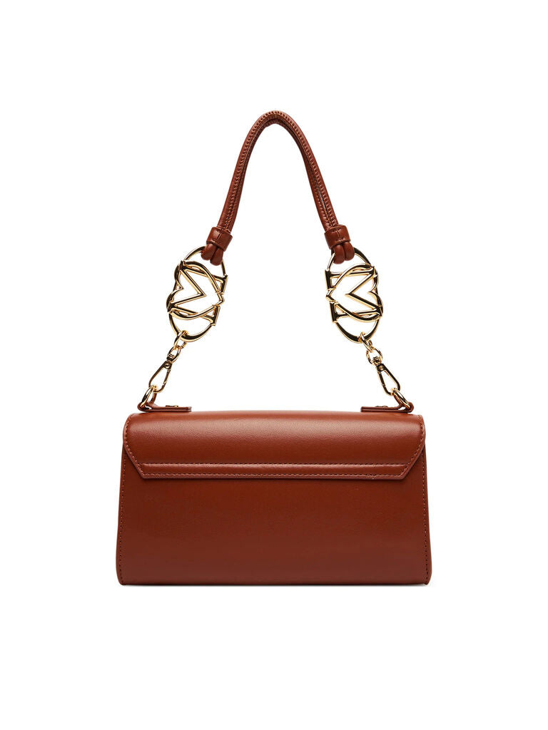 Brown Structured Leather Shoulder Bag with Gold Accents