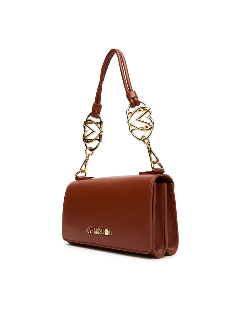 Brown Structured Leather Shoulder Bag with Gold Accents