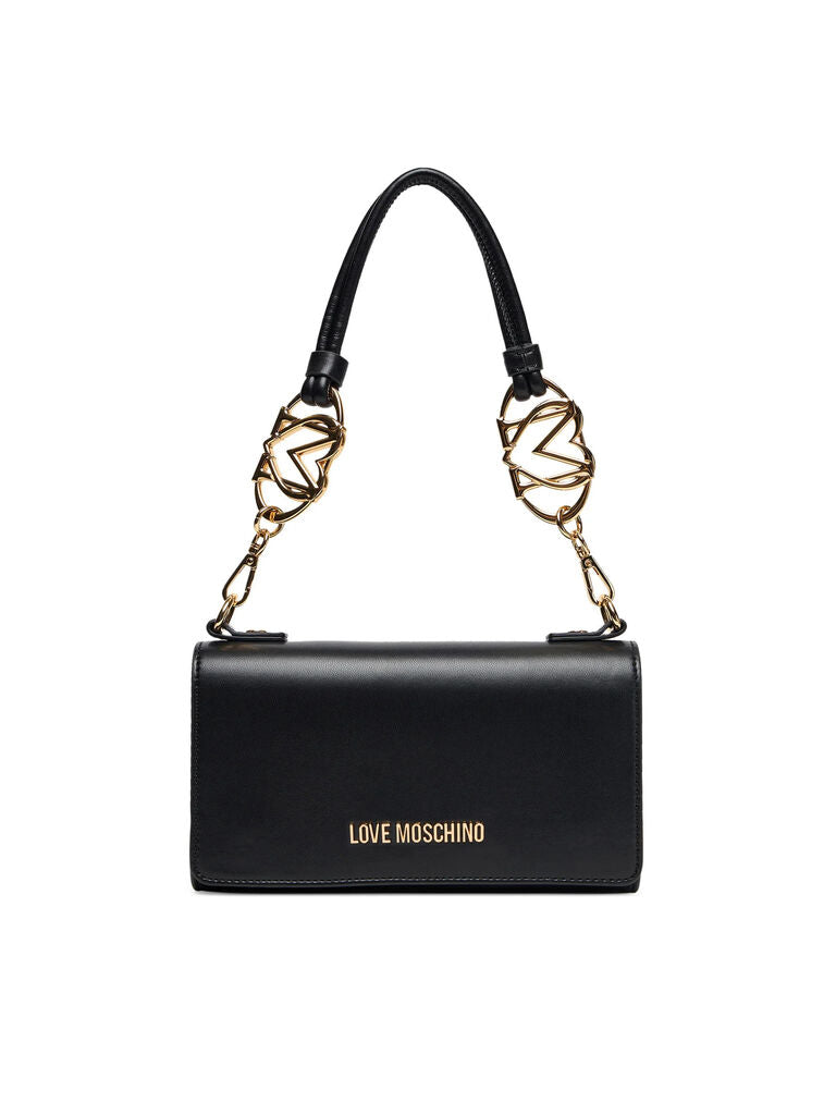 Black Structured Shoulder Bag with Gold Details