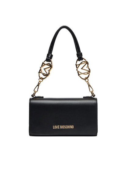 Black Structured Shoulder Bag with Gold Details