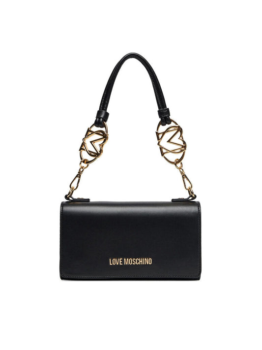 Black Structured Shoulder Bag with Gold Details