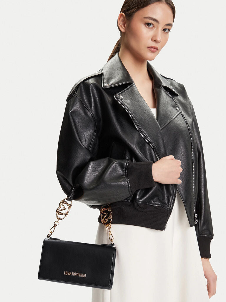Black Structured Shoulder Bag with Gold Details