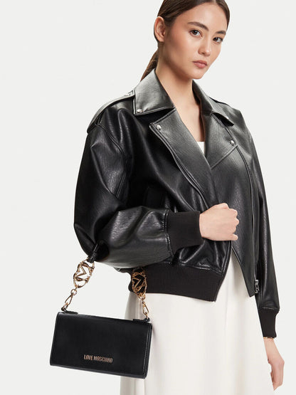 Black Structured Shoulder Bag with Gold Details