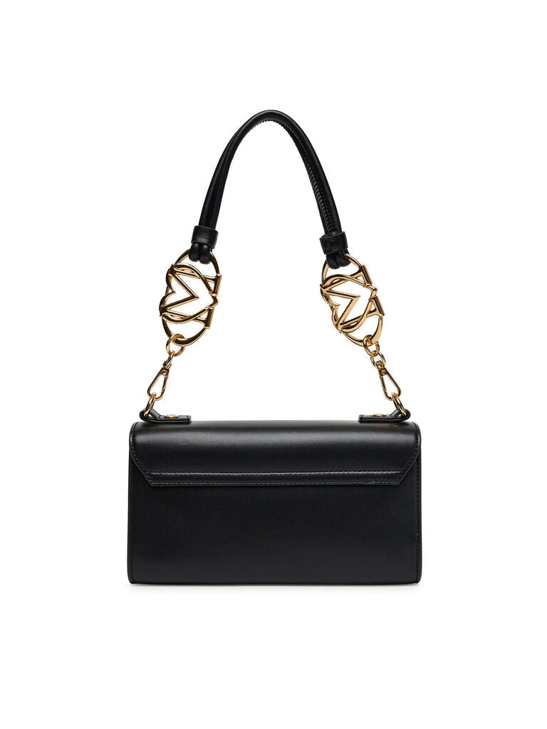 Black Structured Shoulder Bag with Gold Details