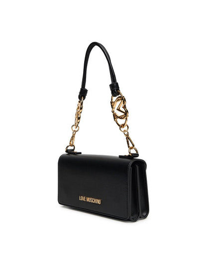 Black Structured Shoulder Bag with Gold Details