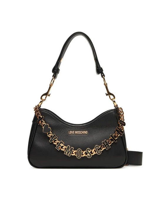 Black Faux Leather Shoulder Bag with Gold Charm Accent