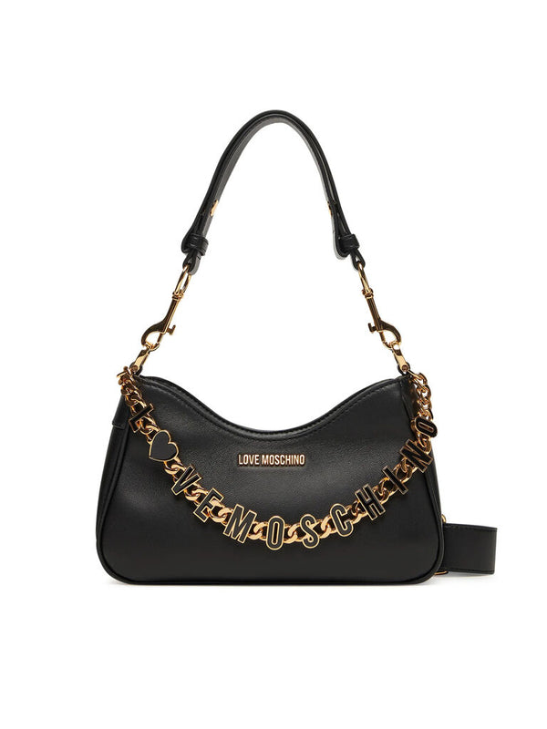Black Faux Leather Shoulder Bag with Gold Charm Accent