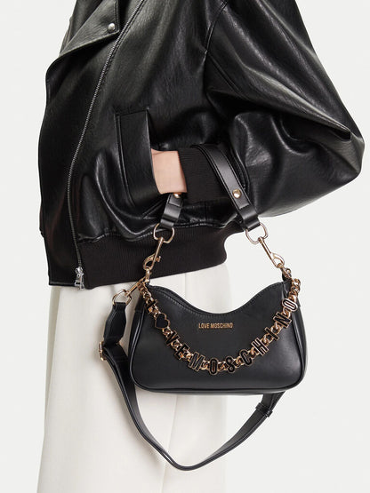Black Faux Leather Shoulder Bag with Gold Charm Accent