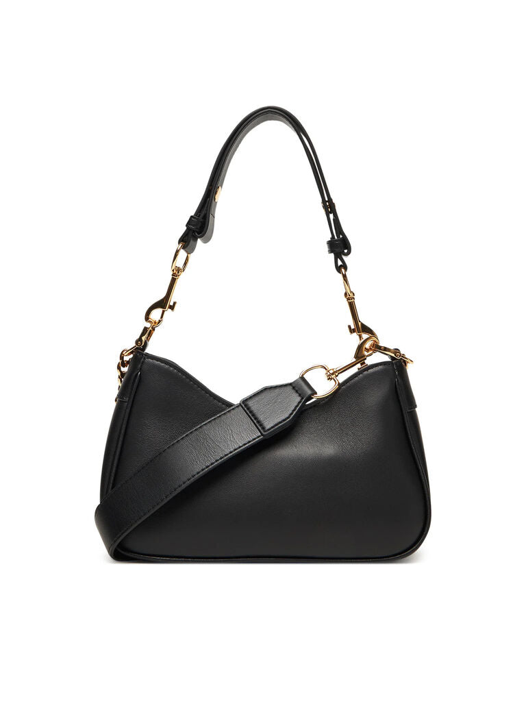 Black Faux Leather Shoulder Bag with Gold Charm Accent
