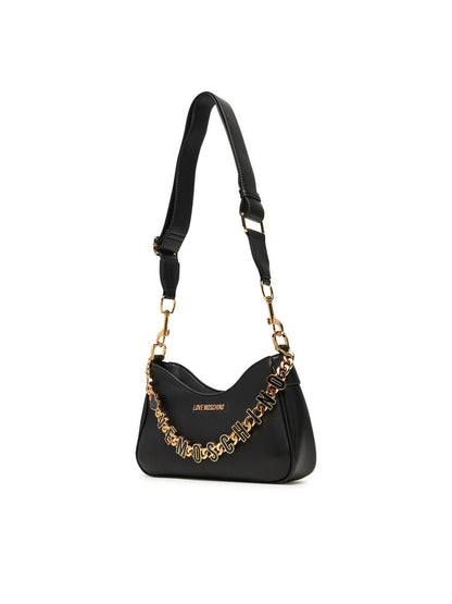 Black Faux Leather Shoulder Bag with Gold Charm Accent