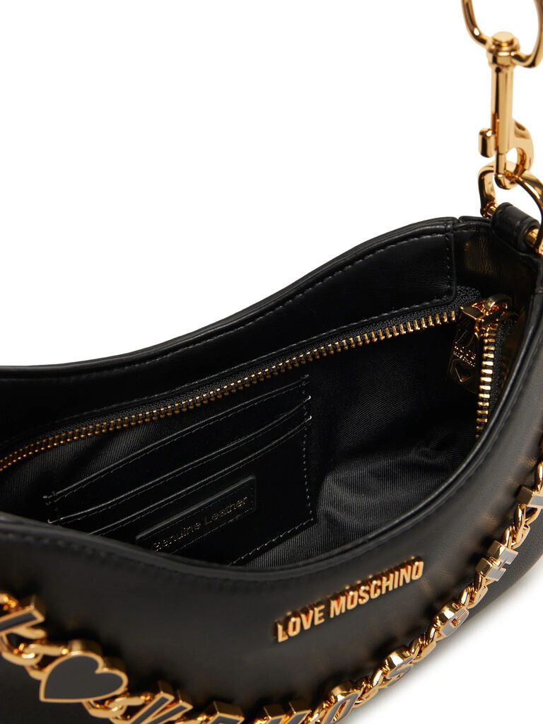 Black Faux Leather Shoulder Bag with Gold Charm Accent