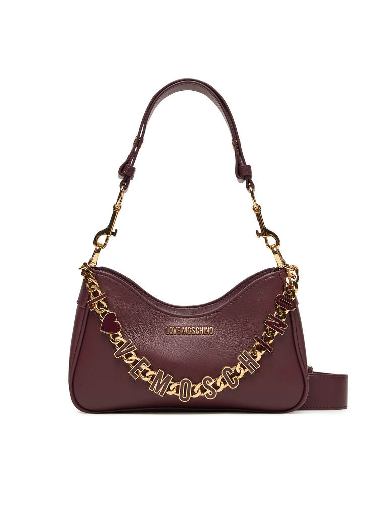 Plum Leather Shoulder Bag with Gold Chain Charm