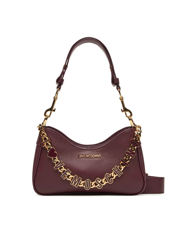 Plum Leather Shoulder Bag with Gold Chain Charm