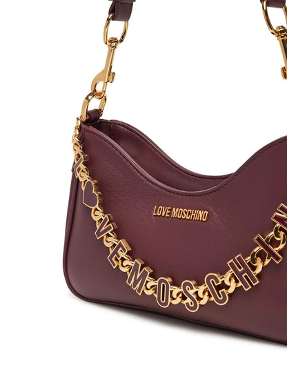 Plum Leather Shoulder Bag with Gold Chain Charm
