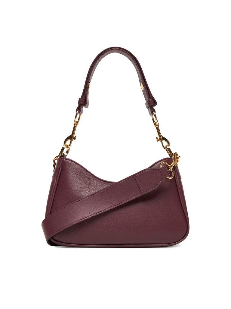 Plum Leather Shoulder Bag with Gold Chain Charm