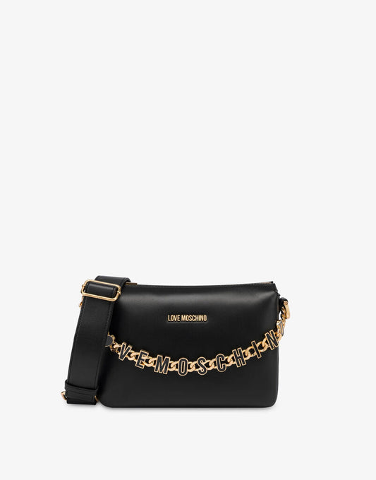 Black Logo Embellished Crossbody Bag with Bold Chain