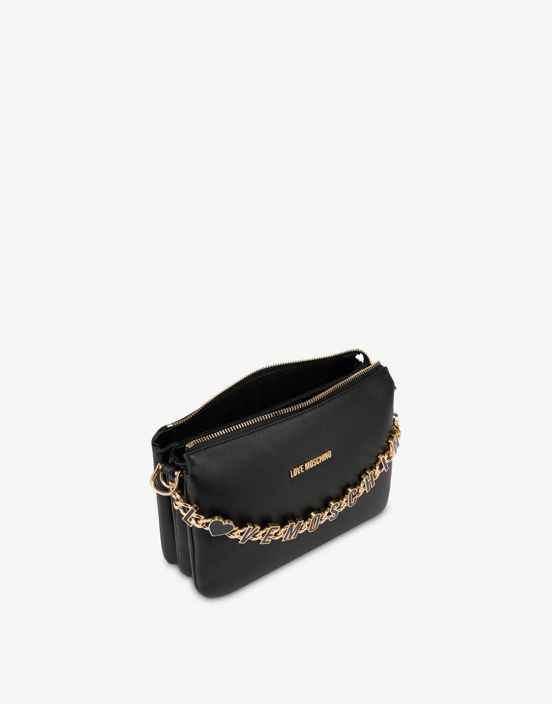 Black Logo Embellished Crossbody Bag with Bold Chain