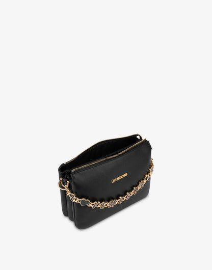 Black Logo Embellished Crossbody Bag with Bold Chain